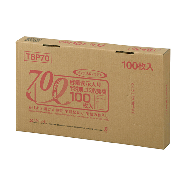 ジャパックス 容量表示入ポリ袋70L ピンクリボン 白半透明 100枚×4箱